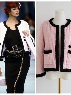Chanel Vintage Spring/Summer 1992 Pink Black Cotton Terry Jacket